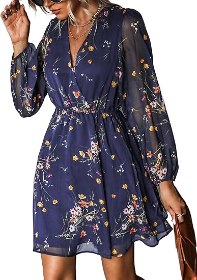 Women's Mini Dresses Casual Spring V Neck Chiffon Long Peasant Sleeves Flowy Summer Dress